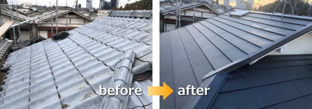 セキスイかわらU和風のし棟仕様をガルバリウム鋼板のスーパーガルテクトへの屋根葺き替えbefore・after写真