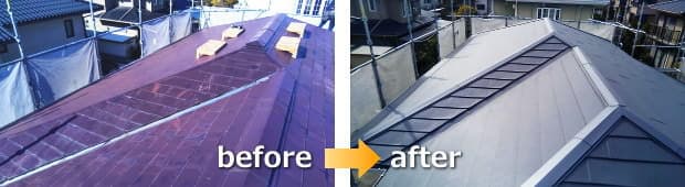 積水ハウスのコロニアル、スーパーガルテクトで屋根カバー工法before・after写真