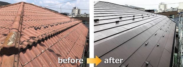 「セキスイかわらCITY」からガルバリウム鋼板屋根への葺き替えbefore・after写真