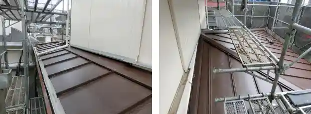 勾配が緩い積水ハウスの屋根に施工されたスレート屋根を縦葺きガルバリウムに変更