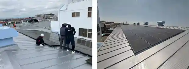 工場屋根カバー工法後にソーラーパネルを再設置