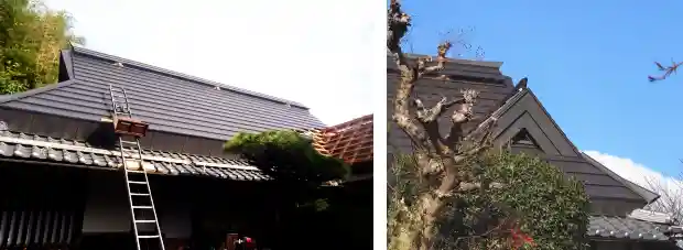 茅葺きにガルバリウム鋼鈑を載せ、破風板もガルバリウムに