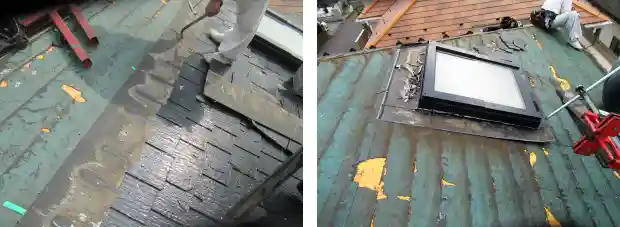 築20年のコロニアル屋根、防水シートに雨漏りの痕跡が