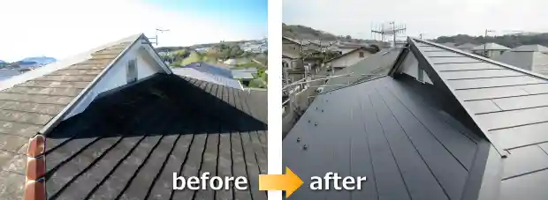 スレート屋根を塩害に強い屋根に葺き替えた鎌倉市でのbefore＆after写真