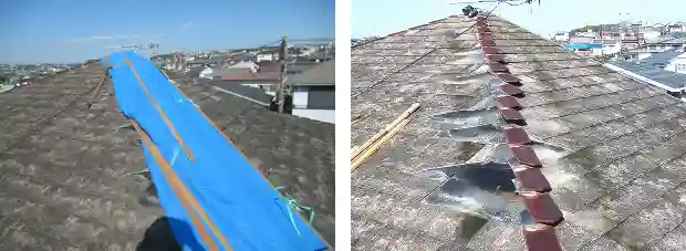 塩害で棟と屋根を固定する釘が腐って屋根が剥がれた