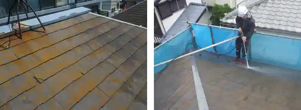 スレート屋根の苔を高圧洗浄で落とす