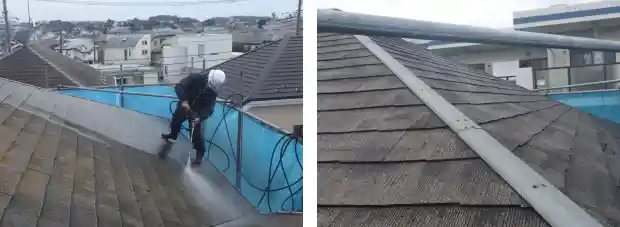 カラーベスト屋根のコケ・汚れを高圧洗浄でキレイにする