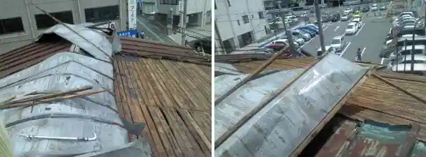 台風被害を受けて剥がれたトタン屋根