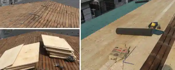 弱くなった野地板に12mm厚のコンパネを重ね張り