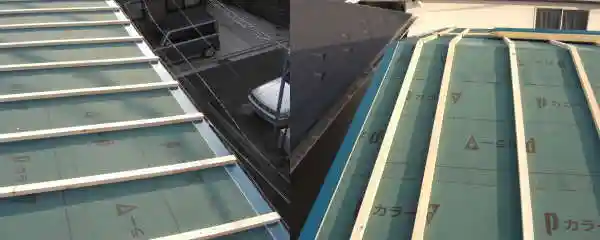 ルーフィングを引き、軒先水切りとタルキを取り付け