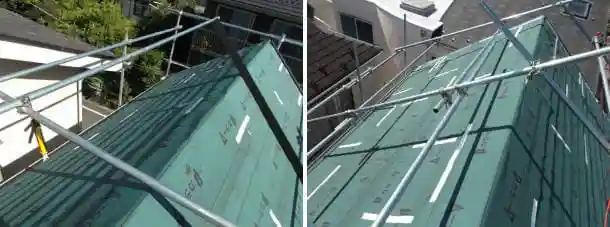 スレート屋根の上にルーフィングを施工した写真