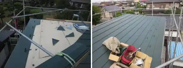 コロニアルの上に金属屋根を施工中