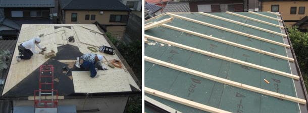 野地板を重ね張りして屋根を補強した後でタルキを取り付けます