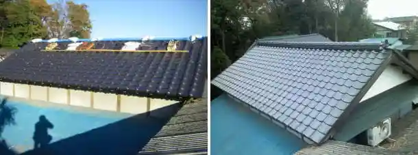 完成間近の瓦屋根と完成後の写真