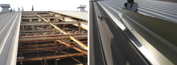 傷んだ工場の屋根をきれいに取り外し、新しい屋根に取り替えています