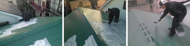 シーラーを塗装中のカラーベスト屋根