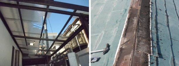 屋根から落ちた雪で破損したテラス屋根とカラーベスト屋根の棟を取り外した写真