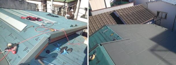 ガルバリウム鋼板屋根のヒランビーを施工している写真