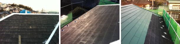 カラーベスト屋根、シーラー塗布から中塗り工程写真