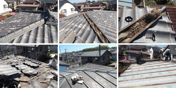 せきすいかわらUを剥がすとトタン瓦棒屋根が露出、瓦棒屋根も取外している工事写真