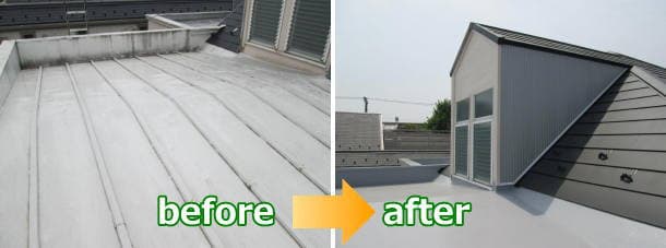 コロニアルの屋根と壁、とトタン屋根からFRP防水へ変えた陸屋根のbefore＆after写真（東京都東久留米市）