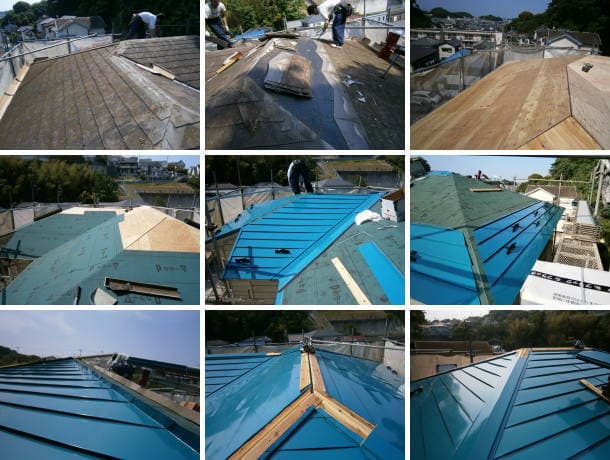 コロニアルからガルバリウム鋼板への屋根葺き替え工程写真。２階部分