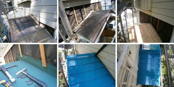 コロニアル屋根からガルバリウム鋼板への屋根葺き替え工程写真。１階部分