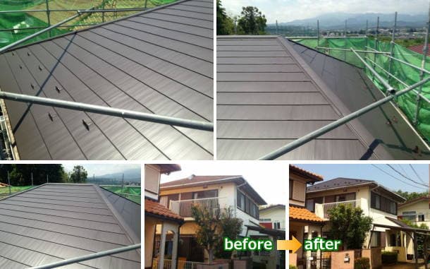 コロニアル屋根にガルバリウム鋼板（横暖ルーフ）で重ね葺き（屋根カバー工法）した工事完成写真