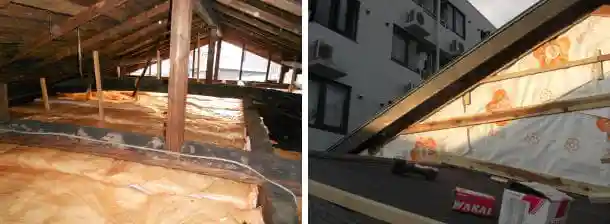 天井裏へ断熱材を入れ、外壁に防水シートを貼り